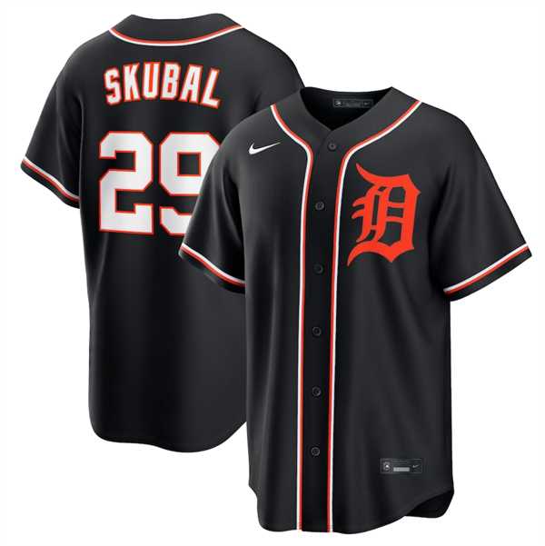 Men%27s Detroit Tigers #29 Tarik Skubal Black Out Stitched Jersey Dzhi