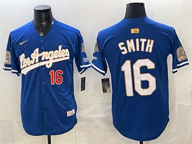 Men%27s Los Angeles Dodgers #16 Will Smith Royal 2026 Gold Collection 9x & B2B Champs Patch Stitched Jersey Dzhi