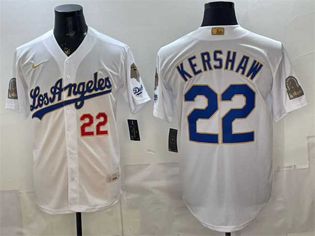 Men%27s Los Angeles Dodgers #22 Clayton Kershaw White 2026 Gold Collection 9x & B2B Champs Patch Stitched Jersey Dzhi