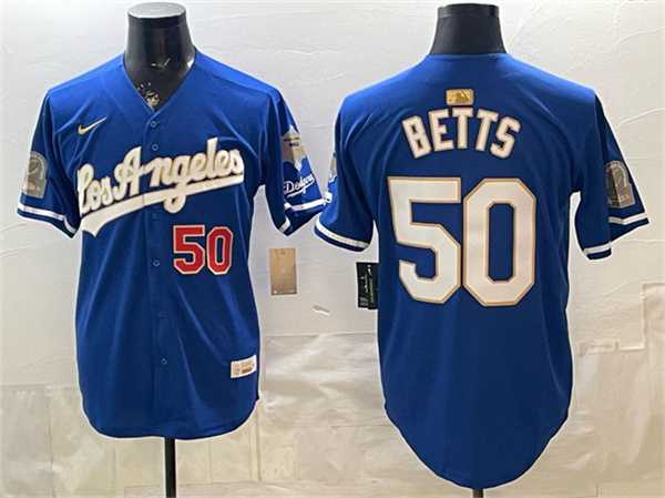 Men%27s Los Angeles Dodgers #50 Mookie Betts Royal 2026 Gold Collection 9x & B2B Champs Patch Stitched Jersey Dzhi