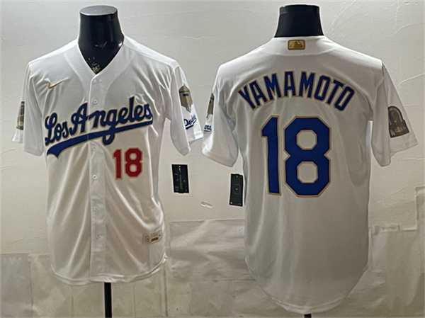 Men%27s Los Angeles Dodgers #18 Yoshinobu Yamamoto White 2026 Gold Collection 9x & B2B Champs Patch Stitched Jersey Dzhi