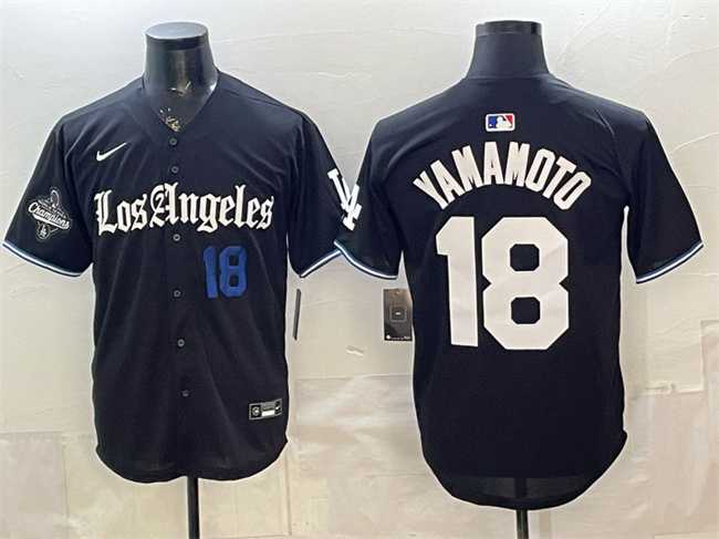 Men%27s Los Angeles Dodgers #18 Yoshinobu Yamamoto Black 2025 World Series Champions Patch %27Gothic Edition%27 Vapor Premier Limited Stitched Jersey Dzhi