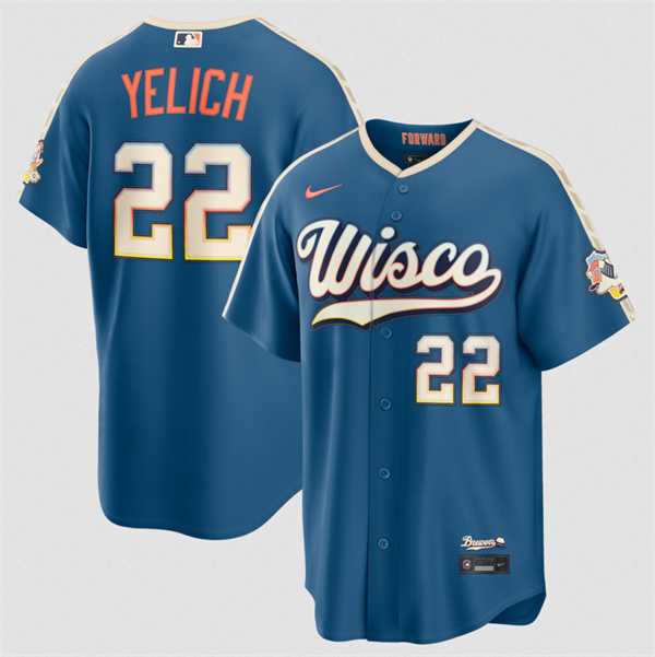 Men%27s Milwaukee Brewers #22 Christian Yelich Mineral Blue 2026 City Connect Stadium Stitched Stitched Jersey Dzhi