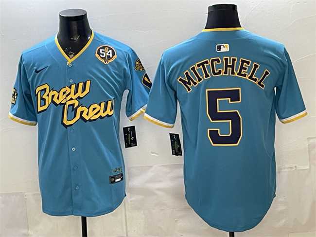 Men%27s Milwaukee Brewers #5 Garrett Mitchell Powder Blue City Connect With Home & Bob Uecker Patch Limited Stitched Jersey Dzhi