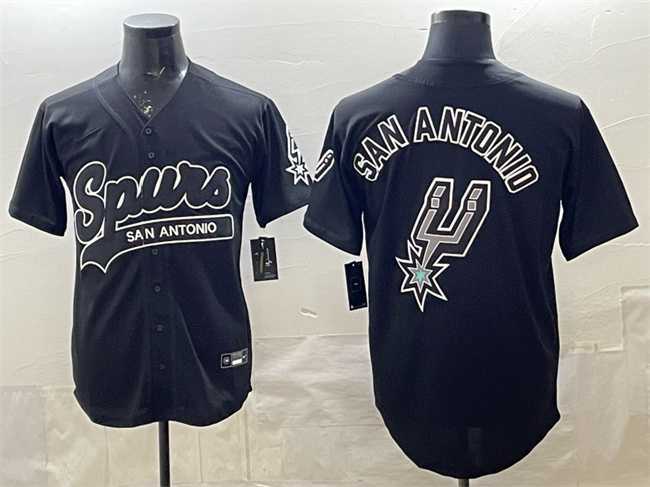 Men%27s San Antonio Spurs Team Big Logo Black Stitched Baseball Jersey