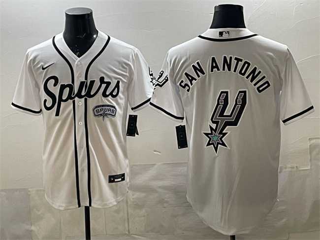 Men%27s San Antonio Spurs Team Big Logo White Stitched Baseball Jersey
