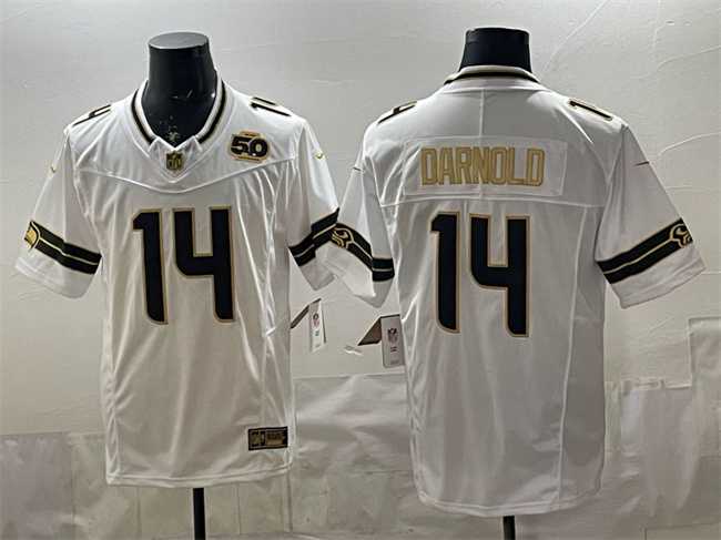 Men%27s Seattle Seahawks #14 Sam Darnold White Gold 2025 F.U.S.E. 50th Season Patch Vapor Limited Stitched Jersey
