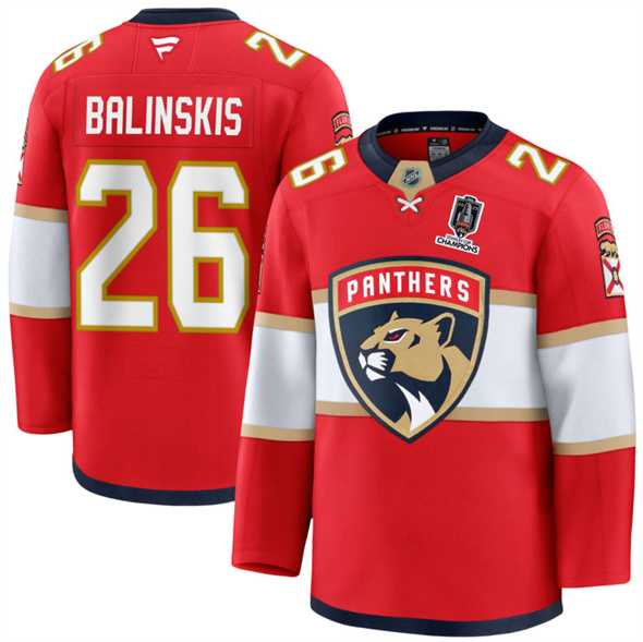 Men%27s Florida Panthers #26 Uvis Balinskis Red Home 2025 Stanley Cup Champions Patch Stitched Jersey Dzhi