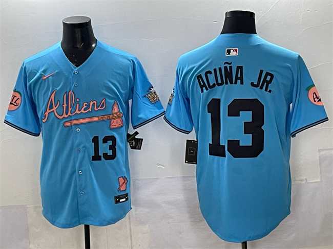 Men%27s Atlanta Braves #13 Ronald Acuna Jr. Blue 2024 Atliens & Peach With Outkast Patch Vapor Limited Stitched Jersey