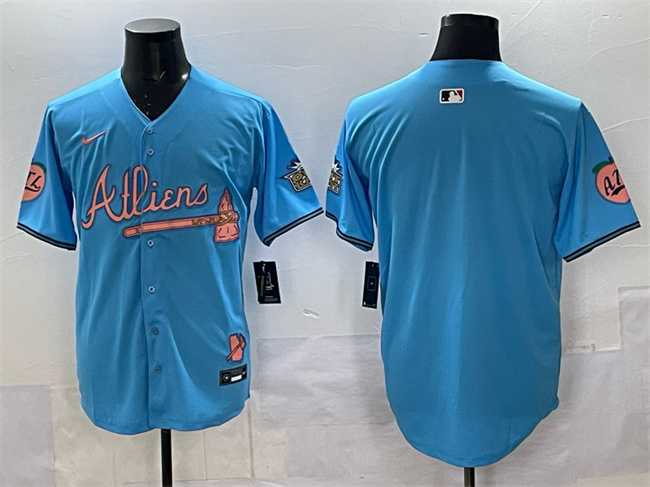 Men%27s Atlanta Braves Blank Blue 2024 Atliens & Peach With Outkast Patch Vapor Limited Stitched Jersey