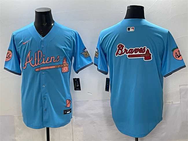 Men%27s Atlanta Braves Team Big Logo Blue 2024 Atliens & Peach With Outkast Patch Vapor Limited Stitched Jersey