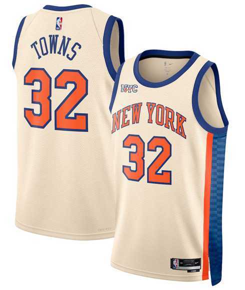 Men%27s New Yok Knicks #32 Karl-Anthony Towns Cream 2025-26 City Edition Swingman Stitched Jersey Dzhi