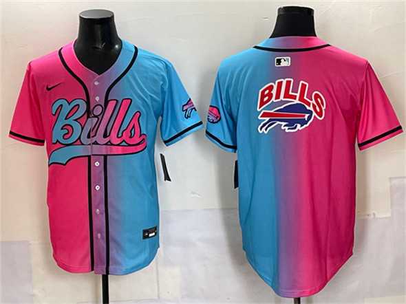 Men%27s Buffalo Bills Team Big Logo Pink Blue Limited Stitched Baseball Jersey