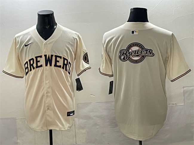 Men%27s Milwaukee Brewers Team Big Logo Cream Home Limited Stitched Jersey