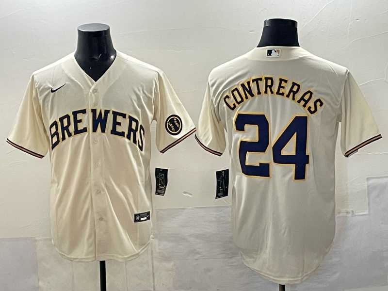 Men%27s Milwaukee Brewers #24 William Contreras Cream With Patch Stitched Jersey