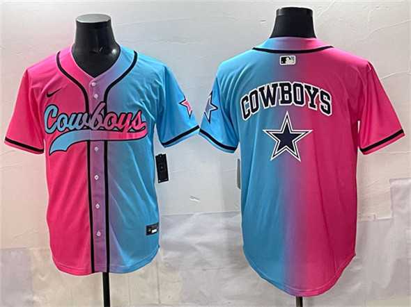 Men%27s Dallas Cowboys Team Big Logo Pink Blue Limited Stitched Baseball Jersey