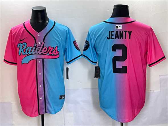 Men%27s Las Vegas Raiders #2 Ashton Jeanty Pink Blue Limited Stitched Baseball Jersey