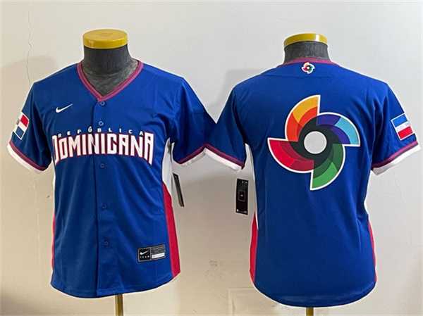 Youth Dominican Republic Royal 2026 World Baseball Classic Big Logo Road Stadium Stitched Baseball Jersey Dzhi