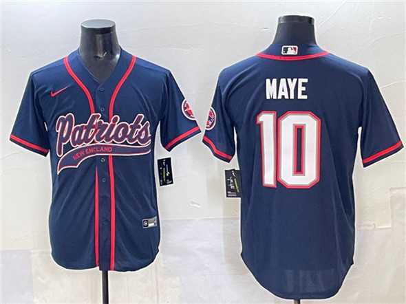 Men%27s New England Patriots #10 Drake Maye Navy With Path Cool Base Stitched Baseball Jersey