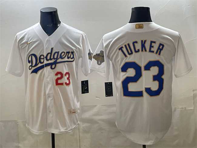 Men%27s Los Angeles Dodgers #23 Kyle Tucker White 2026 Gold Collection Stadium Stitched Jersey