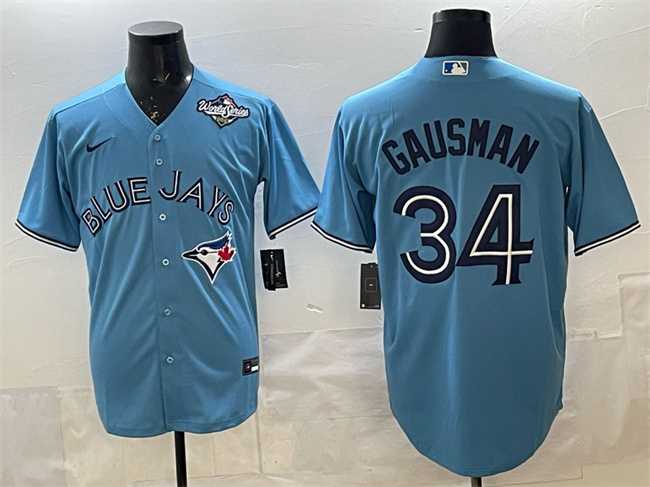 Men%27s Toronto Blue Jays #34 Kevin Gausman Blue 2025 World Series Cool Base Stitched Jersey