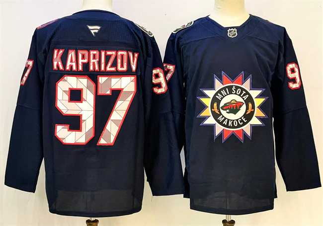 Men%27s Minnesota Wild #97 Kirill Kaprizov Navy 2024-25 Stitched Hockey Jersey