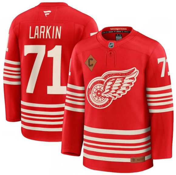 Men%27s Detroit Red Wings #71 Dylan Larkin Red 2025 With C Patch Centennial Premium Stitched Jersey Dzhi