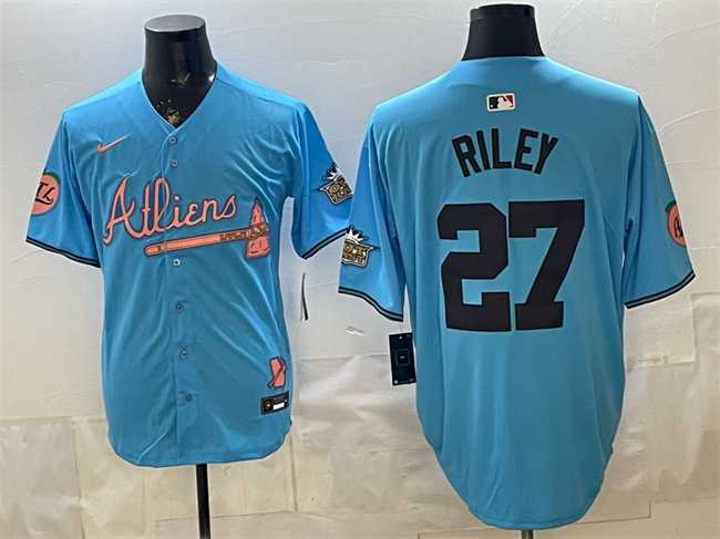 Men%27s Atlanta Braves #27 Austin Riley Blue 2024 Atliens & Peach With Outkast Patch Vapor Limited Stitched Jersey Dzhi