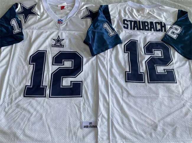 Men%27s Dallas Cowboys #12 Roger Staubach White Throwback Stitched Jersey
