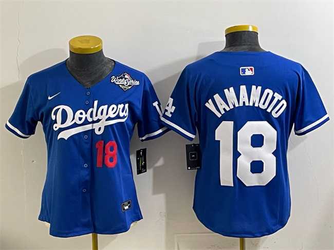 Women%27s Los Angeles Dodgers #18 Yoshinobu Yamamoto Royal 2025 World Series Patch Limited Stitched Jersey