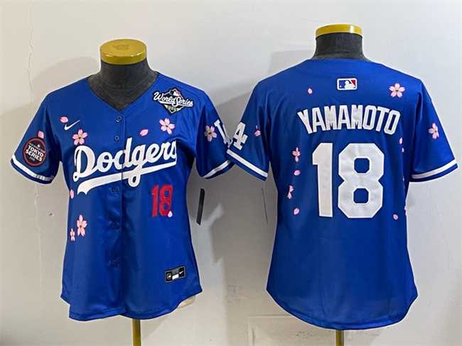 Women%27s Los Angeles Dodgers #18 Yoshinobu Yamamoto Royal 2025 World Series Patch Tokyo Series Limited Stitched Jersey