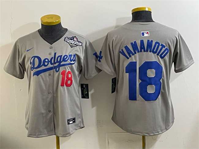 Women%27s Los Angeles Dodgers #18 Yoshinobu Yamamoto Grey 2025 World Series Patch Limited Stitched Jersey