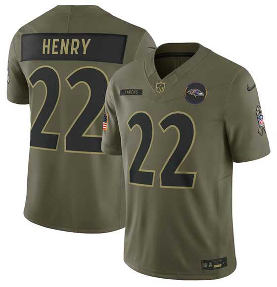 Men%27s Baltimore Ravens #22 Derrick Henry Olive 2025 Salute to Service Limited Stitched Jersey Dyin