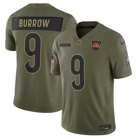 Men%27s Cincinnati Bengals #9 Joe Burrow Olive 2025 Salute to Service Limited Stitched Jersey Dyin