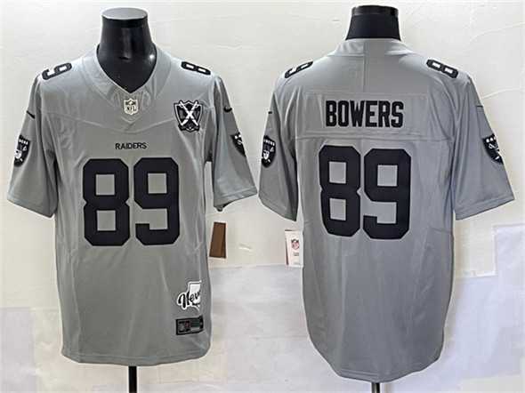 Men%27s Las Vegas Raiders #89 Brock Bowers Gray 2024 F.U.S.E With Nevada Silver Stat Patch And 65th Anniversary Patch Stitched Football Jersey