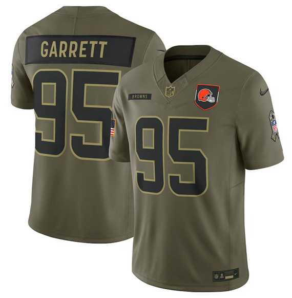 Men%27s Cleveland Browns #95 Myles Garrett Olive 2025 Salute to Service Limited Stitched Jersey Dyin