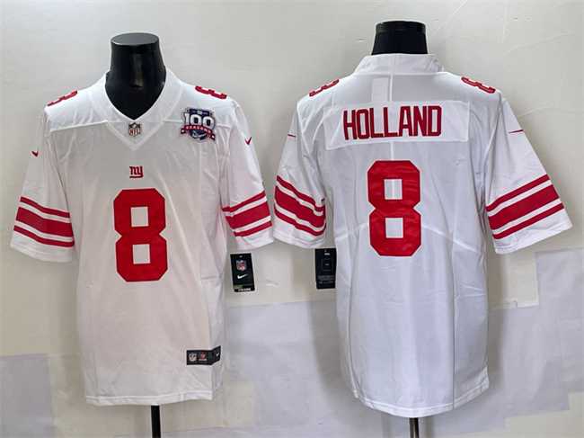 Men%27s New York Giants #8 Jevon Holland White 2025 With 100th Season Patch Vapor Untouchable Limited Stitched Jersey