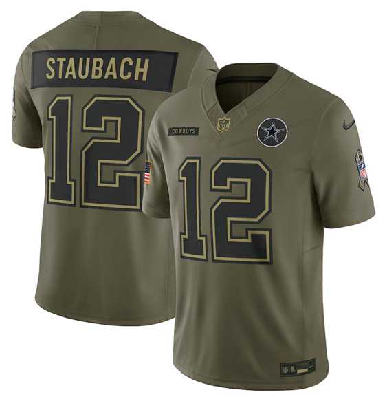 Men%27s Dallas Cowboys #12 Roger Staubach Olive 2025 Salute to Service Limited Stitched Jersey Dyin
