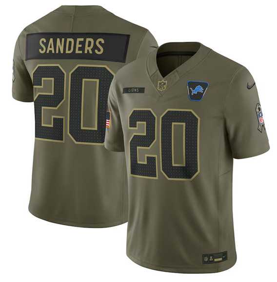 Men%27s Detroit Lions #20 Barry Sanders Olive 2025 Salute to Service Limited Stitched Jersey Dyin