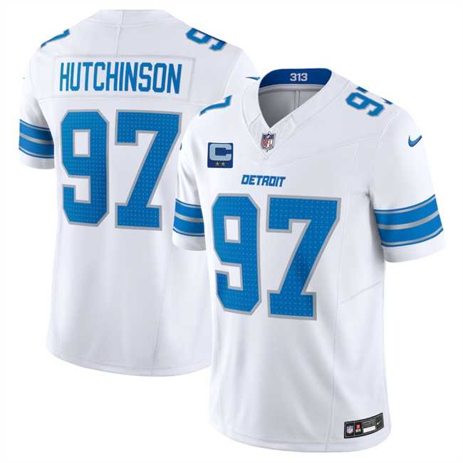 Men%27s Detroit Lions #97 Aidan Hutchinson White 2025 F.U.S.E. With 2-Star C Patch Vapor Limited Stitched Jersey Dzhi