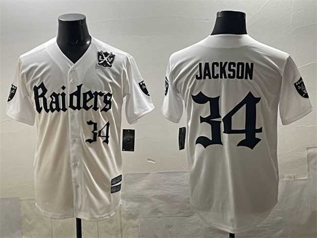 Men%27s Las Vegas Raiders #34 Bo Jackson White %27Gothic Sin City Shadows Edition%27 With 65th Anniversary Patch Vapor Limited Stitched Baseball Jersey