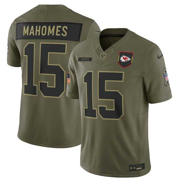 Men%27s Kansas City Chiefs #15 Patrick Mahomes Olive 2025 Salute to Service Limited Stitched Jersey Dyin