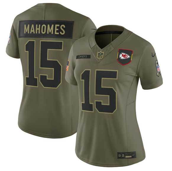 Women%27s Kansas City Chiefs #15 Patrick Mahomes Olive 2025 Salute to Service Limited Stitched Jersey Dyin