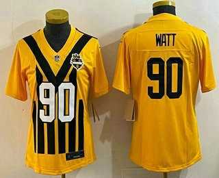 Women%27s Pittsburgh Steelers #90 TJ Watt Limited Yellow Throwback Vapor Jersey