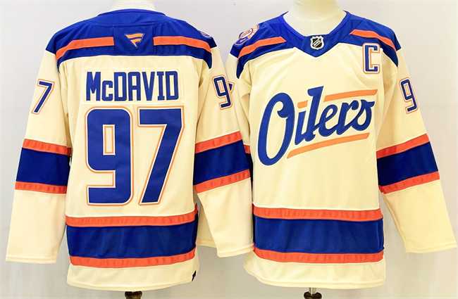Men%27s Edmonton Oilers #97 Connor McDavid Light Beige 2025 Alternate With C Patch Stitched Hockey Jersey