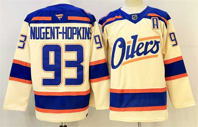 Men%27s Edmonton Oilers #93 Ryan Nugent-Hopkins Light Beige 2025 Alternate With A Patch Stitched Hockey Jersey
