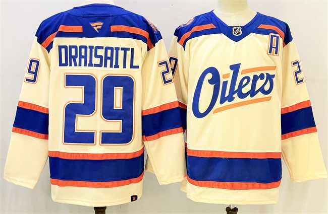 Men%27s Edmonton Oilers #29 Leon Draisaitl Light Beige Alternate With A Patch Stitched Hockey Jersey