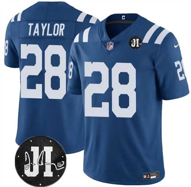 Men & Women & Youth Indianapolis Colts #28 Jonathan Taylor Blue Jim Irsay Patch Vapor Limited Stitched Jersey