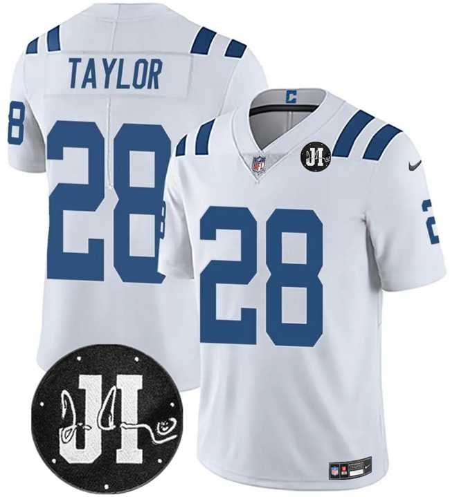 Men & Women & Youth Indianapolis Colts #28 Jonathan Taylor White Jim Irsay Patch Vapor Limited Stitched Jersey