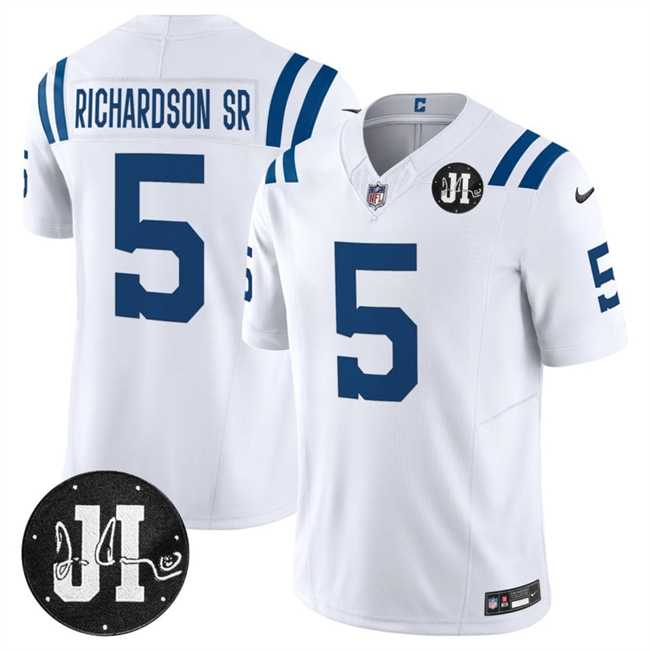 Men%27s Indianapolis Colts #5 Anthony Richardson White 2025 F.U.S.E. Jim Irsay Patch Vapor Limited Stitched Jersey Dzhi
